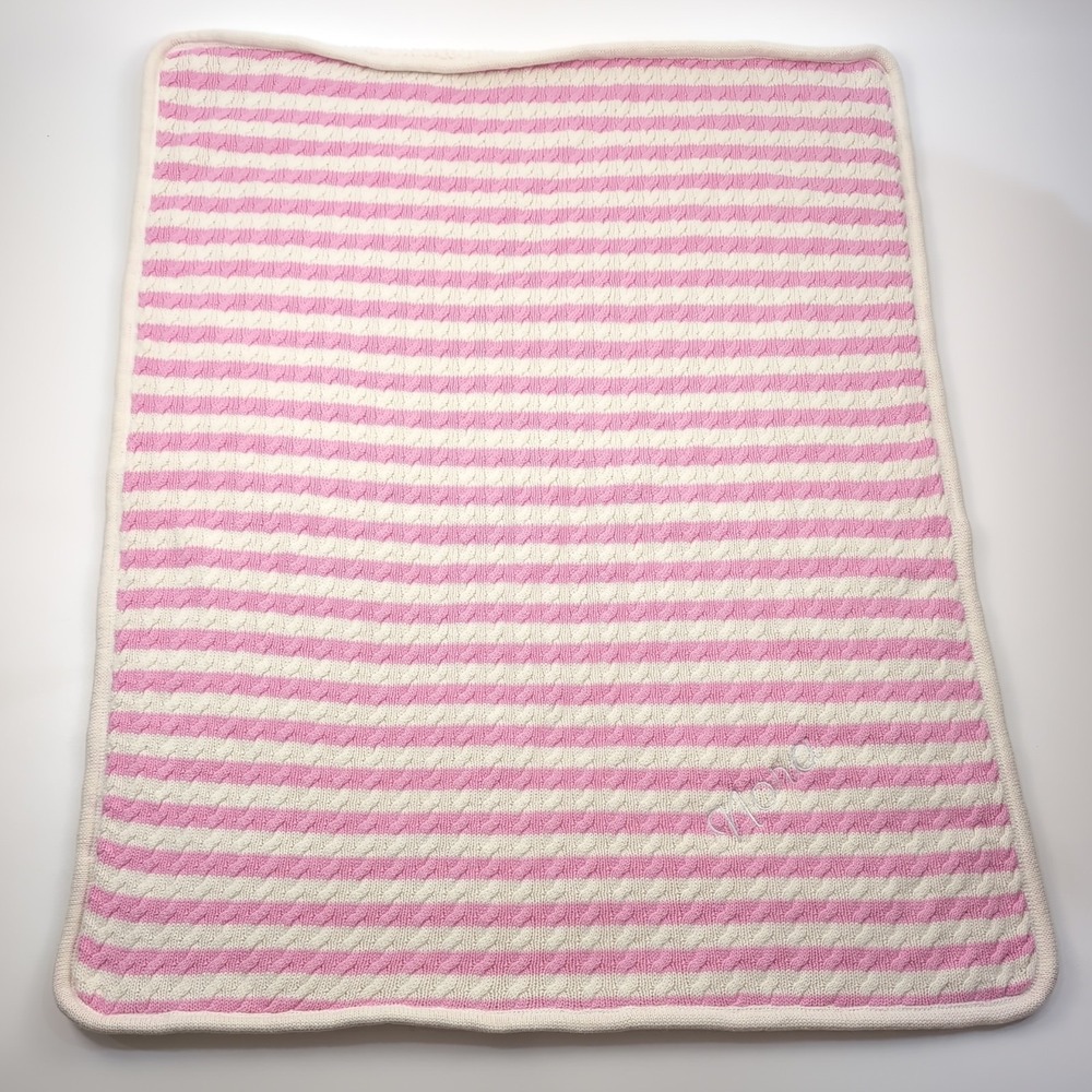 Pottery Barn Kids Cable Knit Baby Blanket Pink & Cream Stripe Sherpa 29x37 NORA